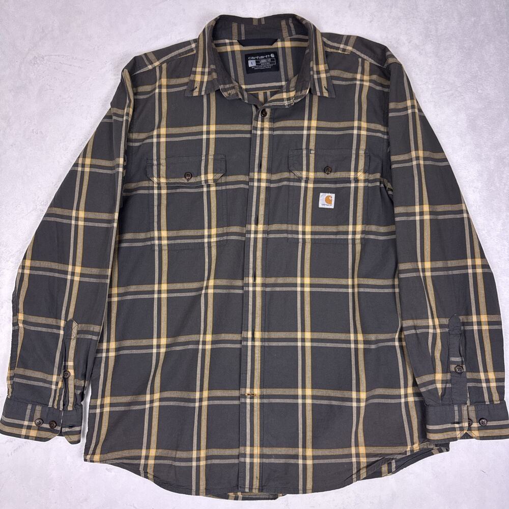 Carhartt Plaid Flannel Shirt Mens L Tall Gray Yellow Loose Fit TW4447-M Workwear